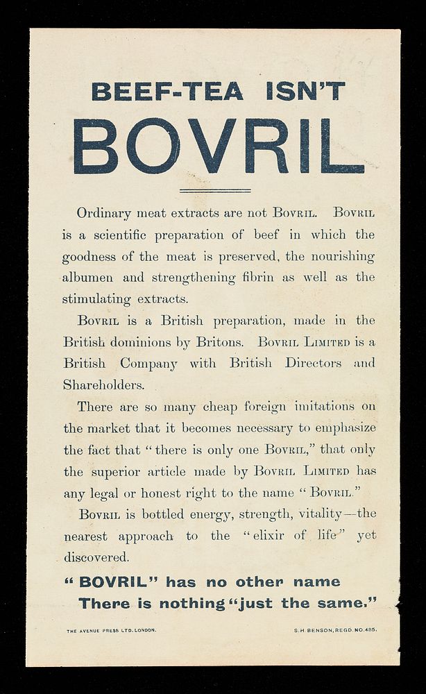 Bovril : "Wherever did I put that Bovril!" : beef tea isn't Bovril / Bovril Limited.