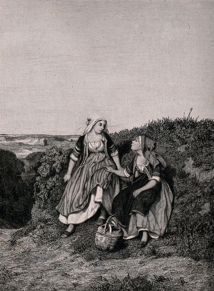 Two young women in Breton costume are talking together on the side of a grassy bank. Etching by Ad. Lalauze.