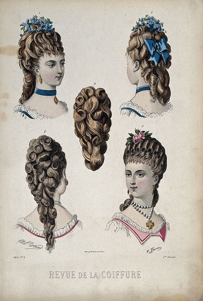 The heads of four women wearing chignons with large curls attached to their natural hair; a chignon piece. Coloured…