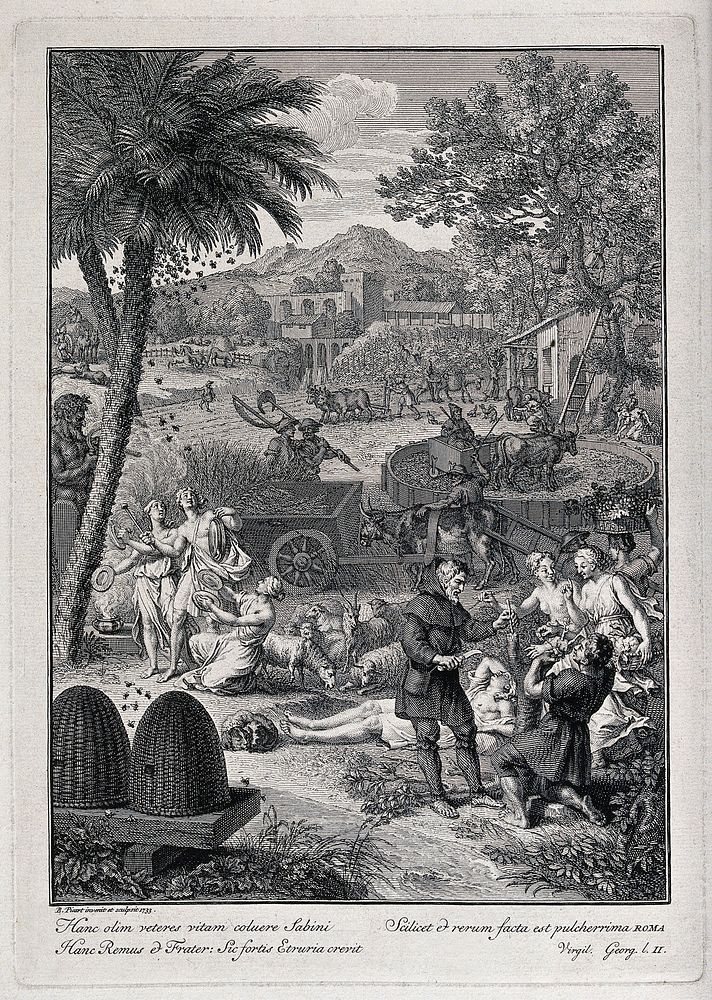 A celebration party given in honour of a good harvest. Engraving by B. Picart, 1733, after Virgil.