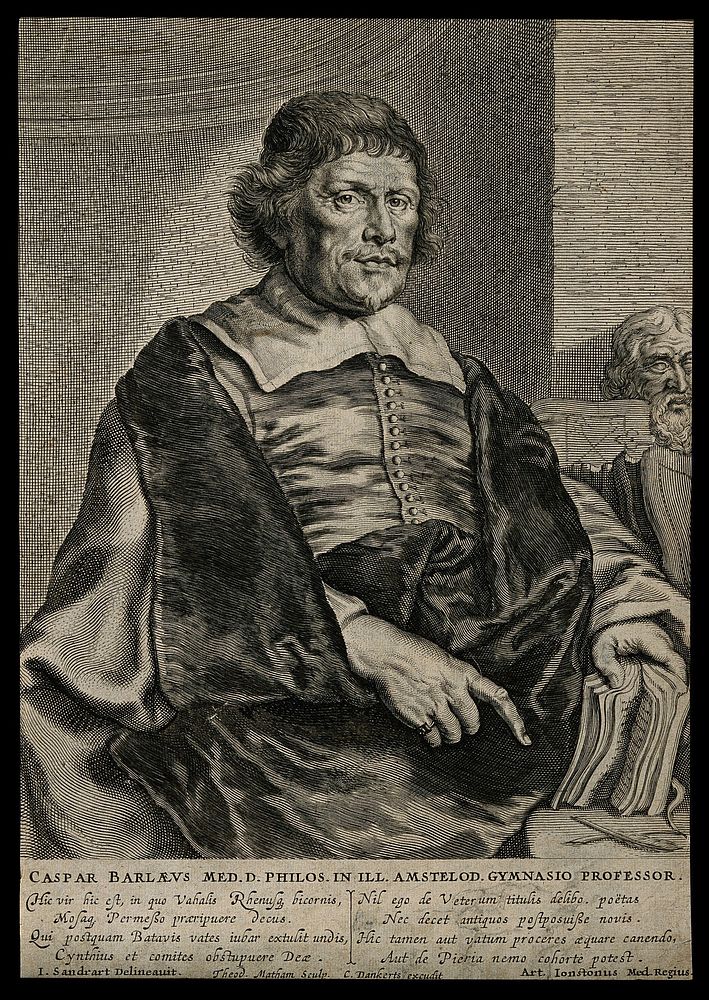 Caspar van Baerle [Barlæus]. Line engraving by T. Matham after J. Sandrart.