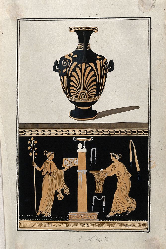 Above, red-figured Greek water jar (hydria) decorated with a palm motif; below, detail of decoration showing two women…