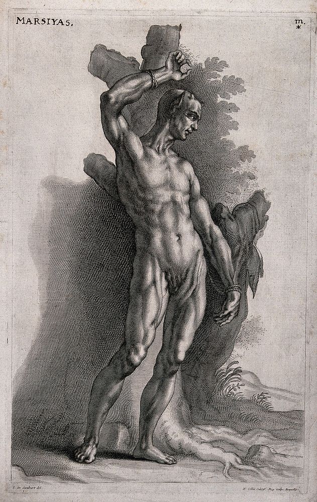 The flayed Marsyas is tied to a tree with his skin hanging over a branch of the tree. Line engraving with etching by R.…