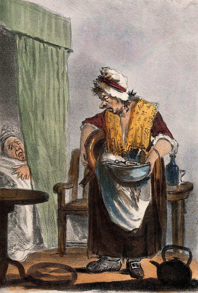 A dishevelled nurse with her disgruntled patient. Coloured lithograph by W. Hunt.