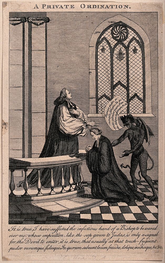 A bishop ordains John Horne Tooke as a priest: the devil replaces the ordinand's virtues with vices. Engraving, 1771.