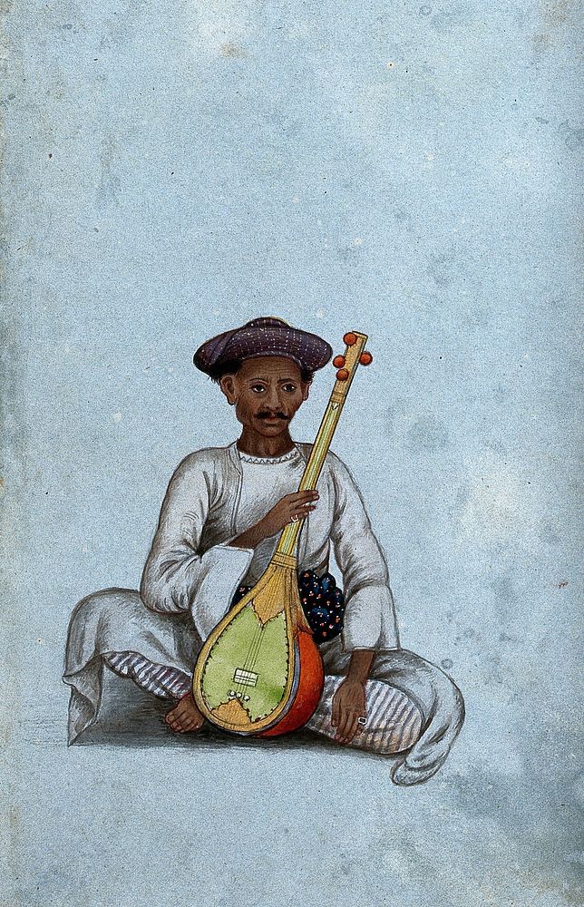 A musician holding a sitar. Watercolour by an Indian painter.
