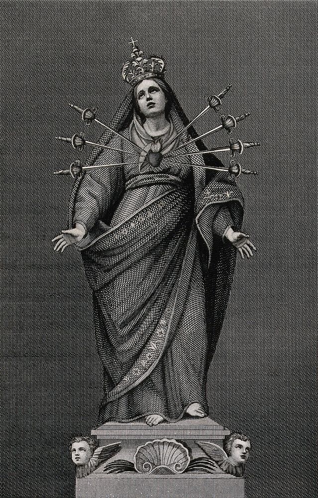 Saint Mary (the Blessed Virgin) as Virgin of the Seven Sorrows. Engraving by A. Lega after A. Piò.