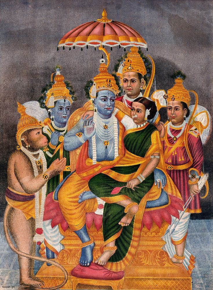 Rama enthroned with Sita surrounded by Hanuman, Garuda, Krishna and one other. Chromolithgraph.