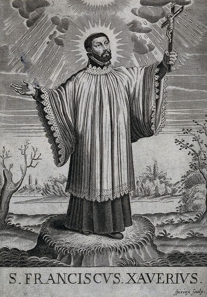 Saint Francis Xavier, holding a crucifix, looking upwards. Engraving by L. Spirinx.