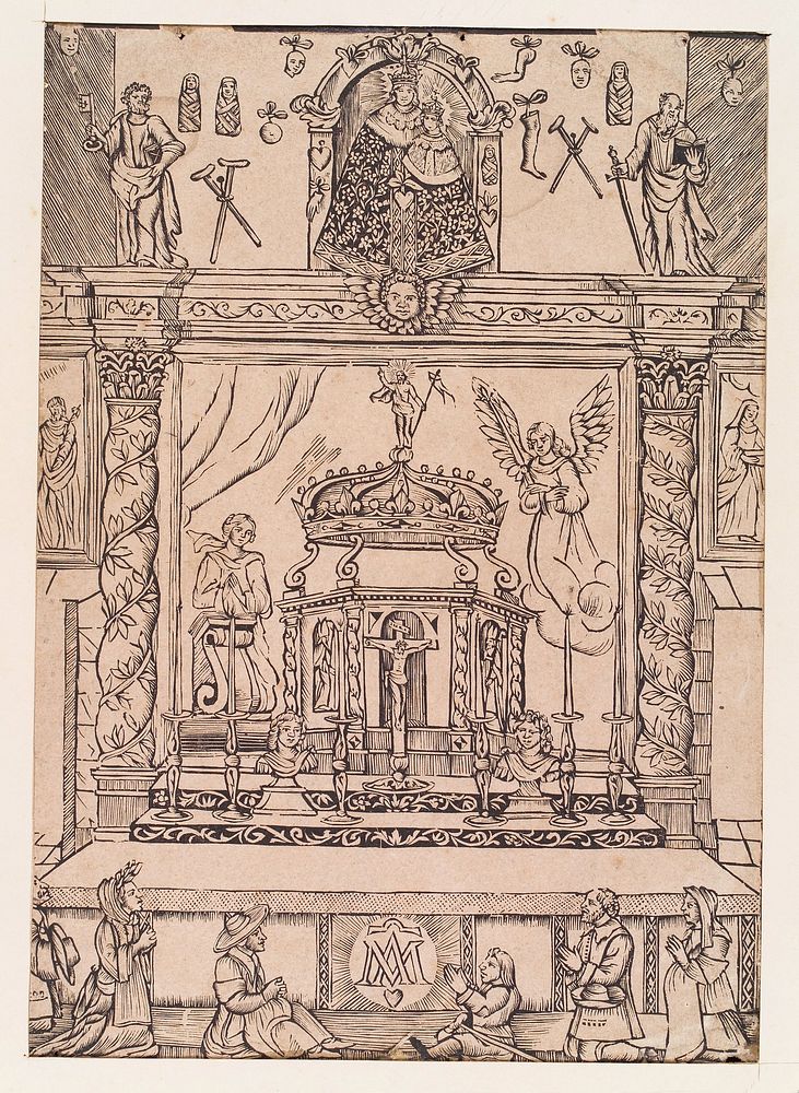 An altar, surmounted by a statue of the Virgin surrounded by votive offerings; in the foreground, sick or troubled people…