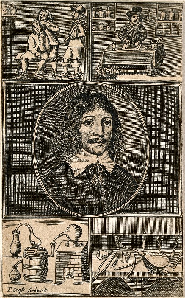 Thomas Brugis: his portrait, with vignettes of the work and equipment of the surgeon and apothecary. Line engraving by T.…