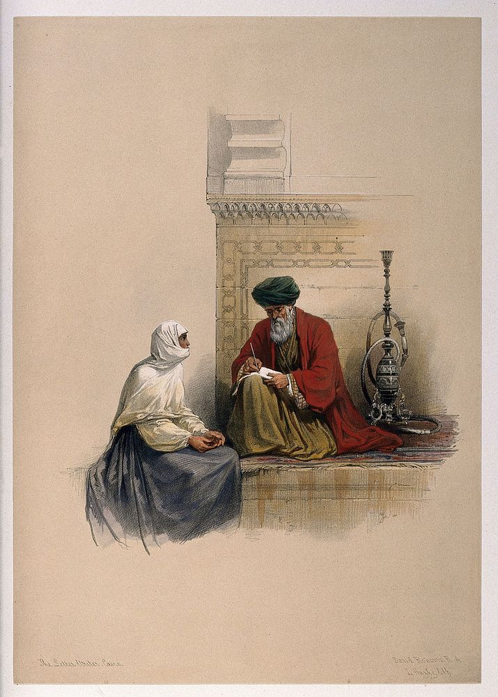 An Egyptian man sits beside his hooka writing a letter, he is watched by his client, a woman. Coloured lithograph by L.…