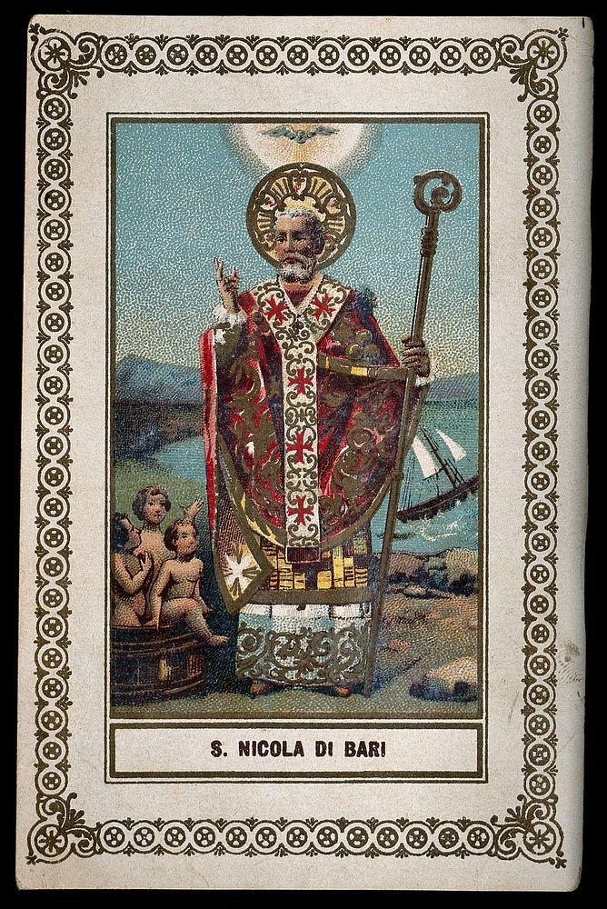 Saint Nicholas of Myra and Bari. Colour lithograph.