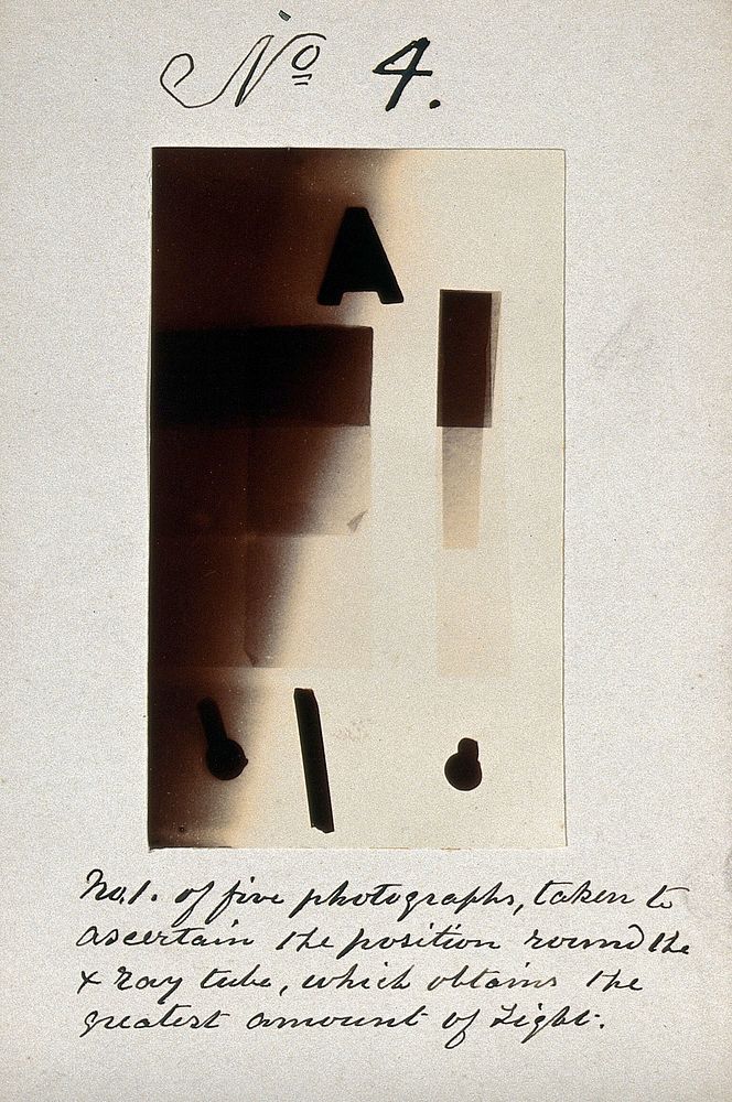 Light emitted by Röntgen Ray Tubes: letters and shapes. Photoprint from radiograph, by James Wimshurst, 1898.