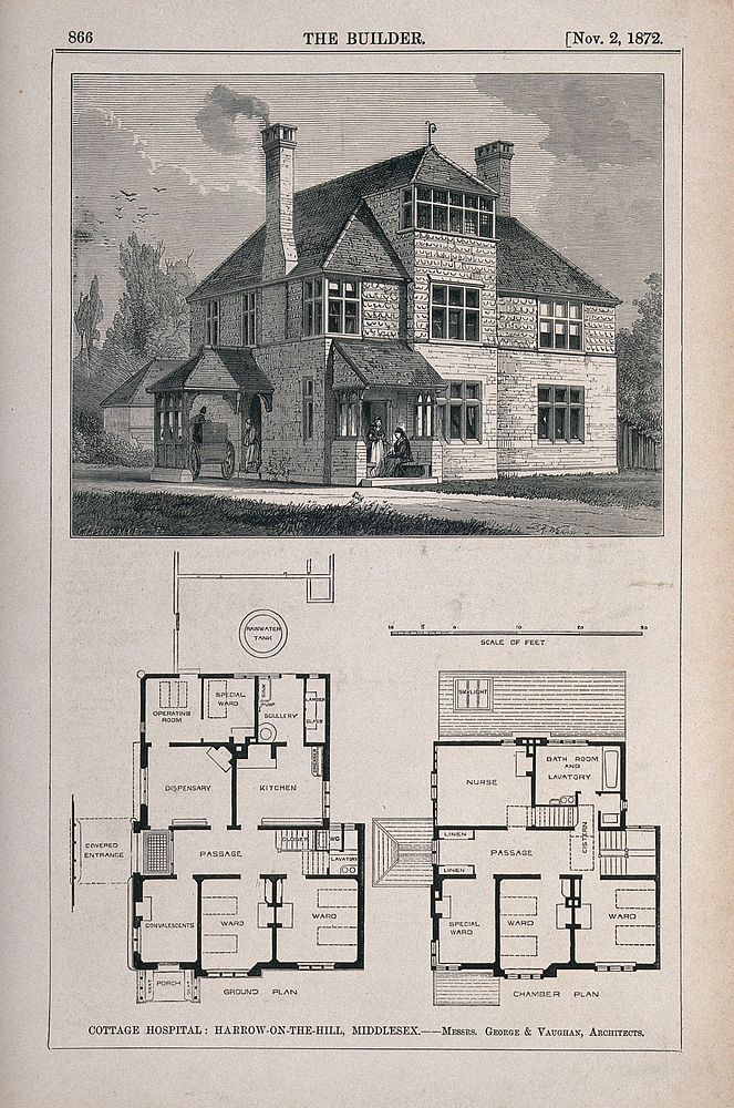 Cottage Hospital, Harrow-on-the-Hill, Middlesex: with floor plan. Wood engraving by D.R. Warral, 1872, after C.L. Bramley…