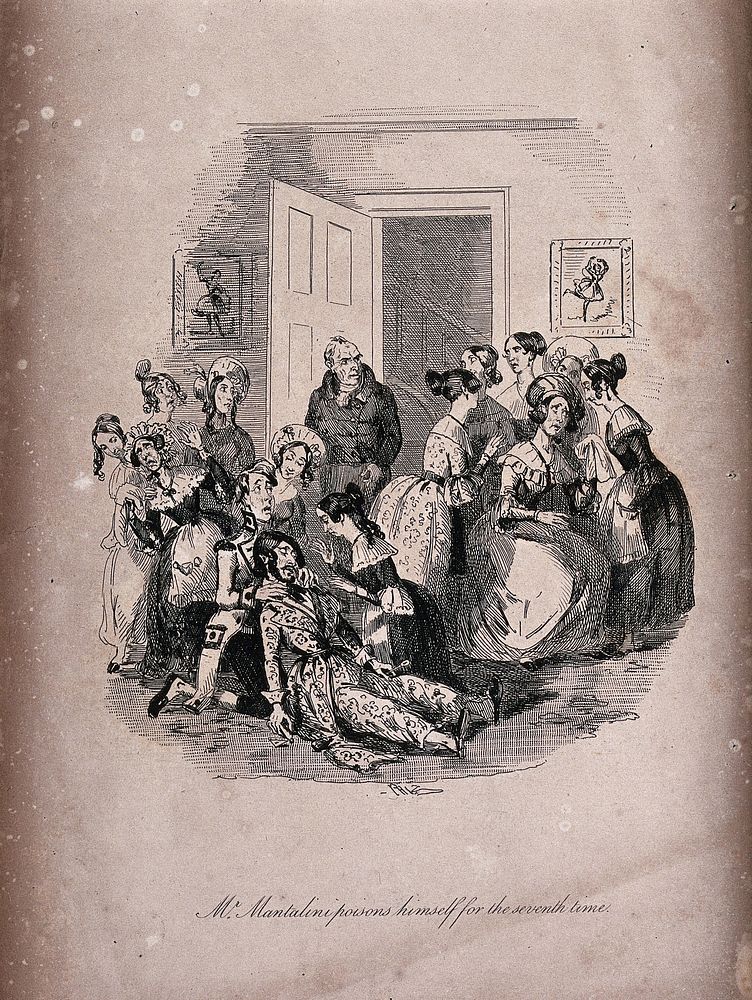 An episode in Nicholas Nickleby by Charles Dickens: a crowd gathers around Mr Mantalini who has attempted to poison himself.…