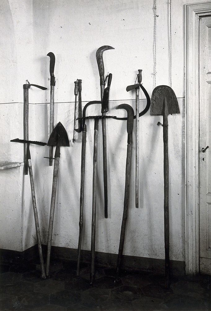 The anti-malaria school, Nettuno, Italy: large wooden-handled metal tools used in malaria control work. Photograph…