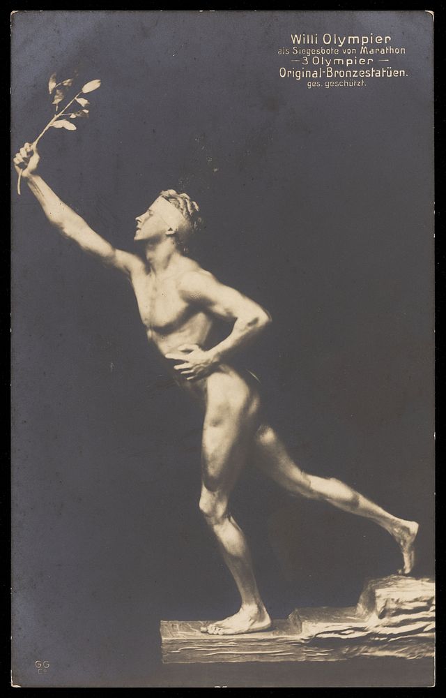 Willi Olympier (of the Three Olympier Brothers) posed as a sculpture of a marathon runner by Maz Kruse. Photographic…