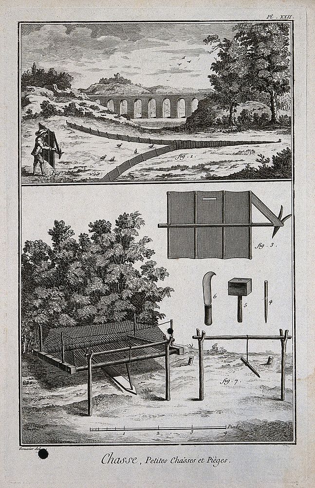 Hunting: a man stalking partridges  (top), a trap for catching ground-feeding birds. Engraving, c.1762 by Defehrt after L.J.…