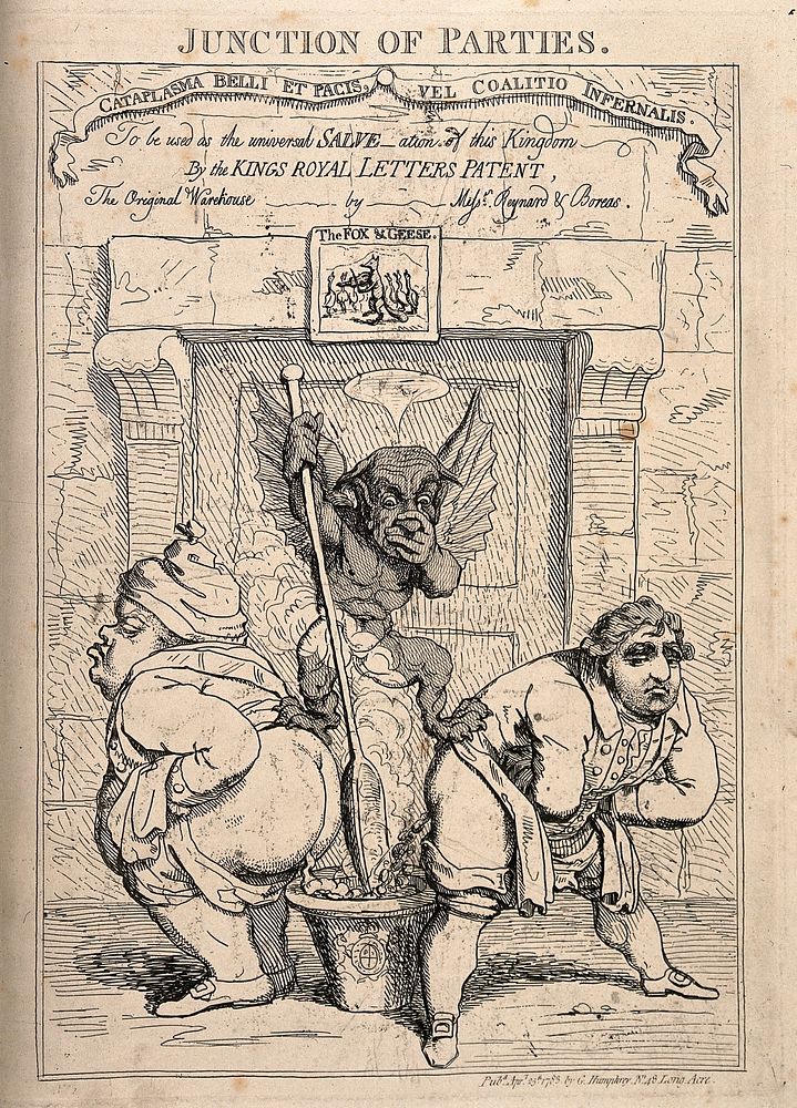 Lord North and Fox excreting into a pan bearing the Royal Arms, a little devil is mixing the stench between them; implying…