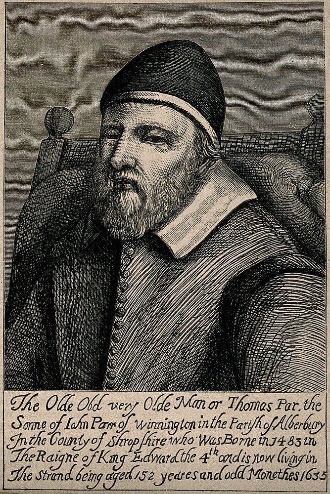 Thomas Parr, aged 152. Wood engraving.