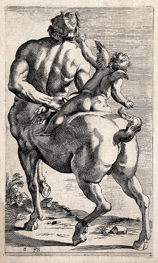 A centaur with Cupid. Etching by F. Perrier.