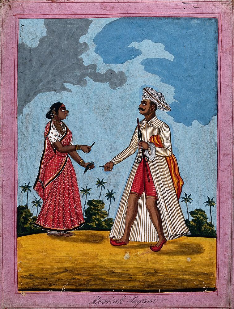 Moorish tailor and wife offering him betel leaves. Gouache drawing.