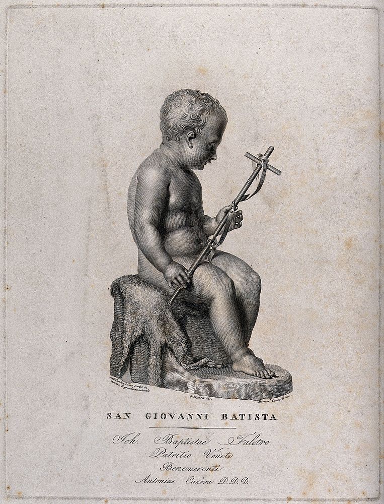 Saint John the Baptist as a child, seated, holding a cross. Engraving by B. Consorti after G. Tognoli after A. Canova, 1817.