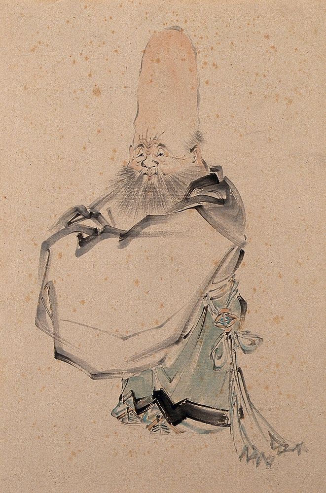 A sacred Chinese figure, bald, with abnormally high forehead. Painting by a Chinese painter.