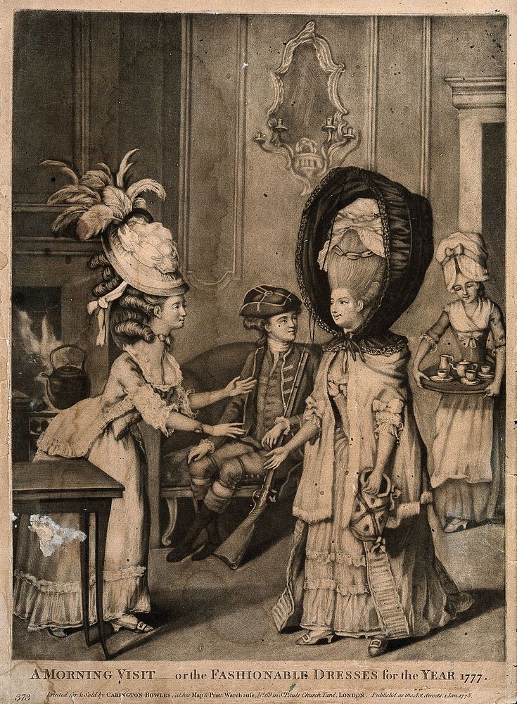 A woman wearing a high wig and protective hood entering into a breakfast parlour and being greeted by another woman wearing…