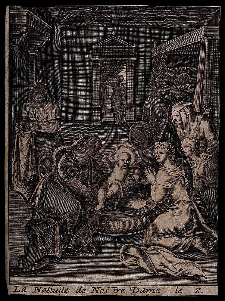 The Virgin Mary as an infant among maids. Engraving.