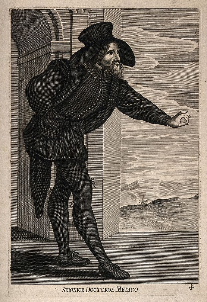 A man dressed in costume as a theatrical caricature of a doctor. Line engraving.
