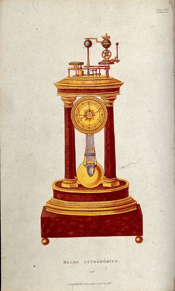 Clocks: an elaborate astronomical mantel clock. Coloured lithograph, [c.1875].