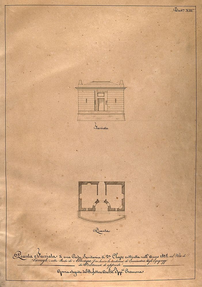 Small hospital at Camogli port: facade, floor plan. Pen drawing by I. Cremona, 1825.