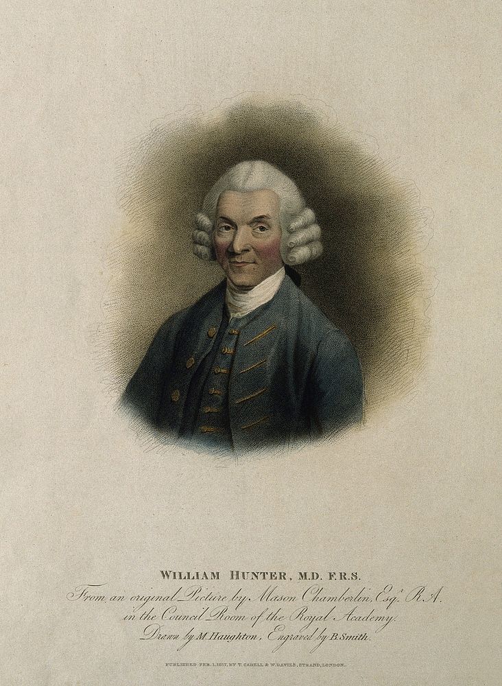 William Hunter. Coloured stipple engraving by B. Smith, 1817, after M. Haughton after M. Chamberlin.