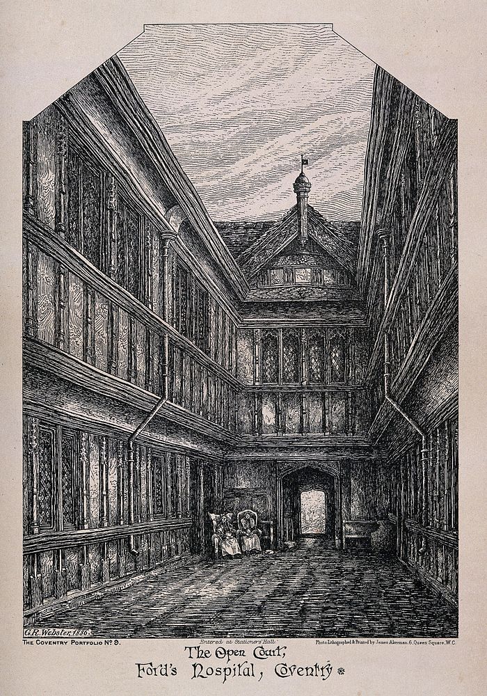 The Open court, Ford's Hospital, Coventry. Photolithograph by J. Akerman after G.R. Webster, 1886.