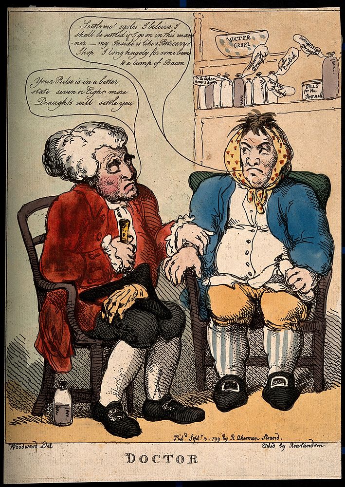 A doctor prescribing continuation of treatment to his reluctant patient. Coloured etching by T. Rowlandson, 1799, after G.M.…