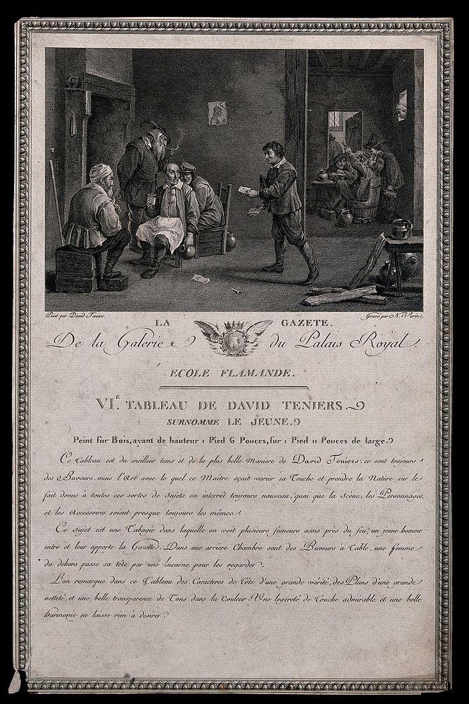 A young man is carrying a letter towards a group of old men who are gathered around a fireplace. Engraving by N. Varin after…