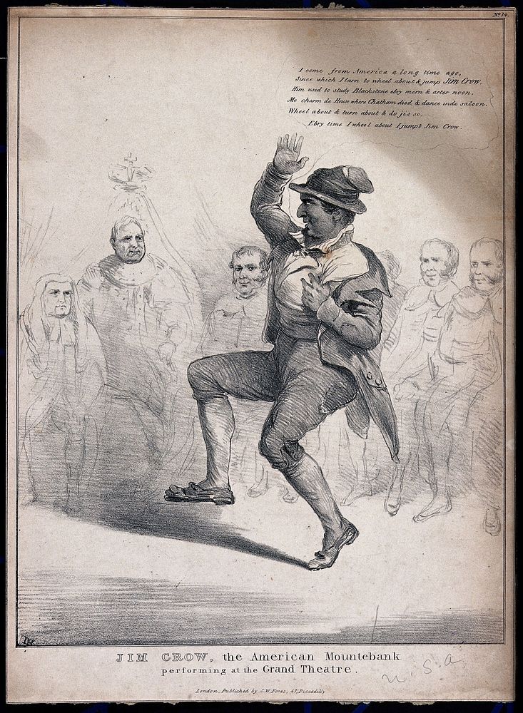 Thomas D. Rice performing the "Jump Jim Crow" song and dance in front of British members of the House of Lords. Lithograph…