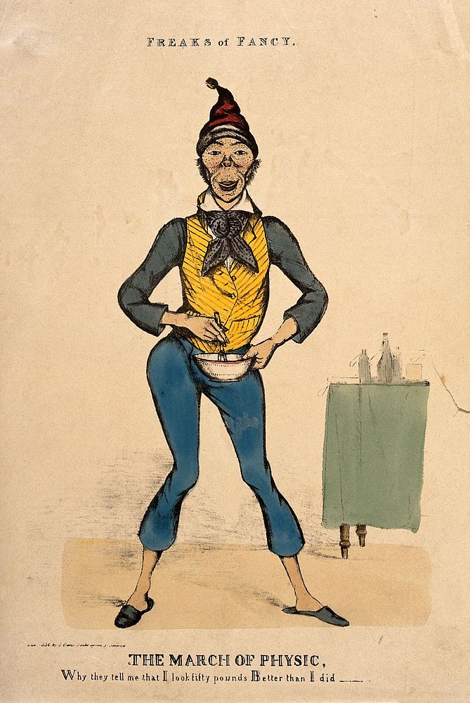 A strange looking man stiring a bowl. Coloured lithograph.