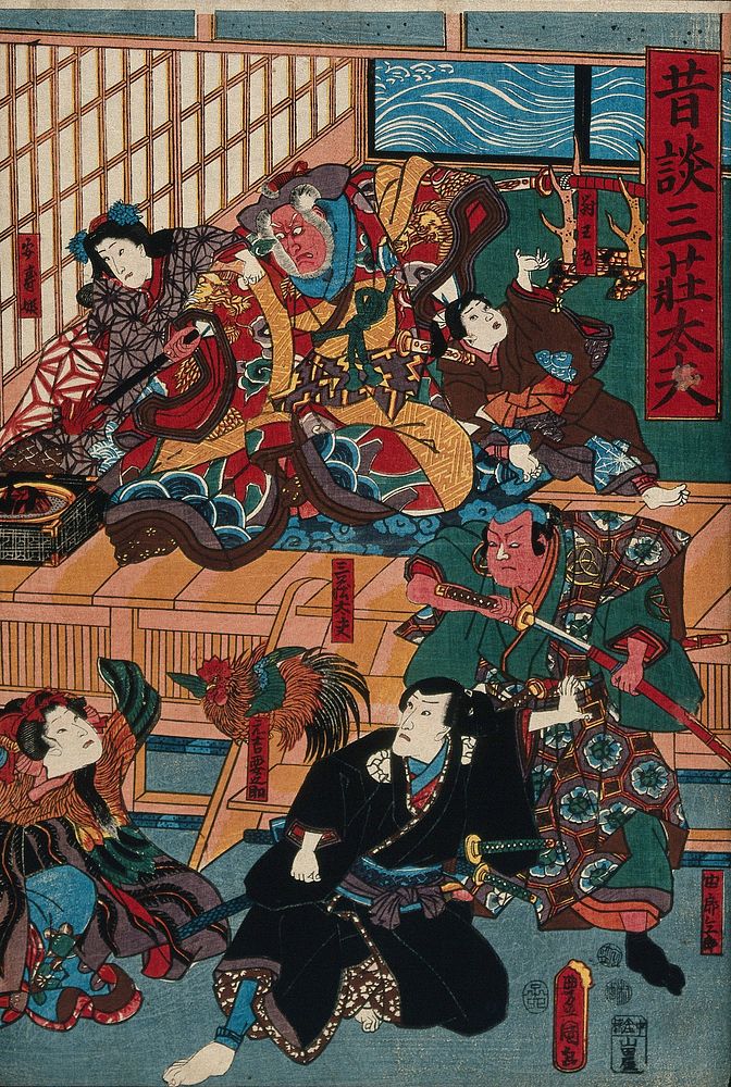 Actors in a confrontational scene, in which the villain (Ichikawa Danjūrō VII) threatens a boy with a heated poker. Colour…