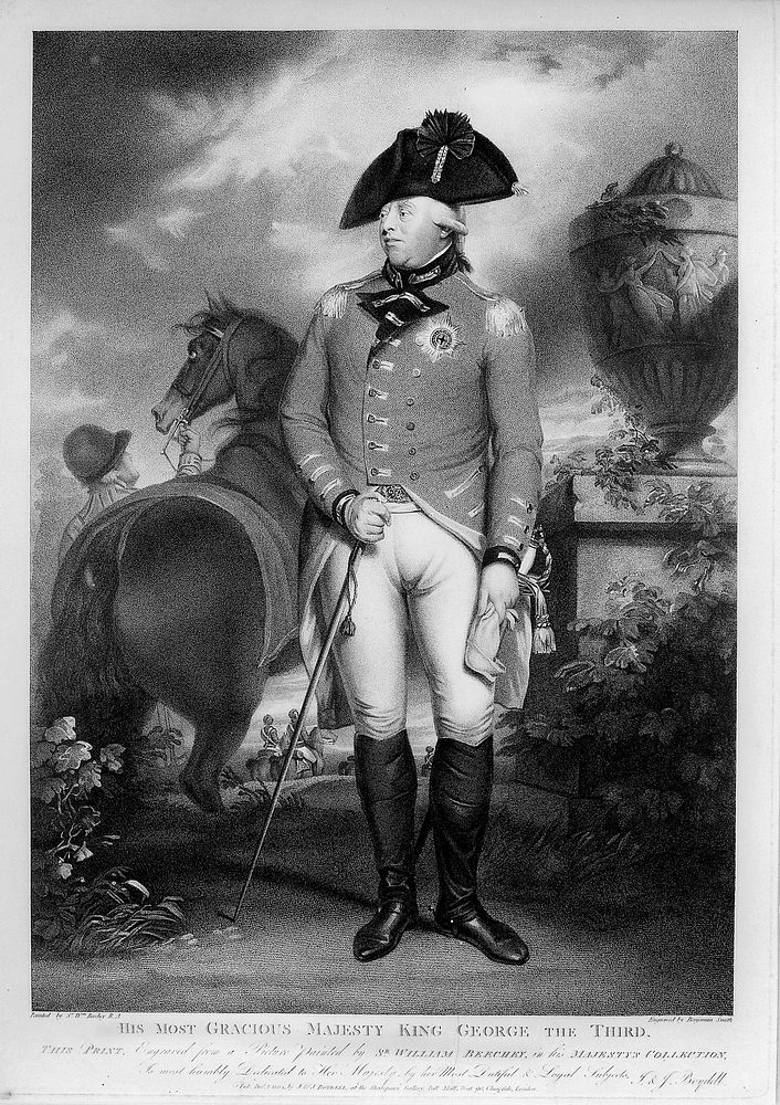 King George III standing, in military uniform; horse in the background. Etching and stipple by B. Smith after W. Beechey…