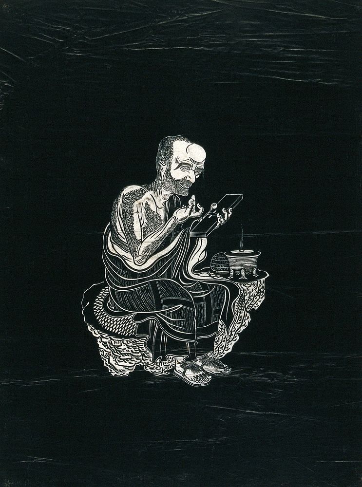 A Lohan (disciple of Buddha), seated on a rock beside an incense-burner , holding a tablet. Woodcut in the manner of an ink…