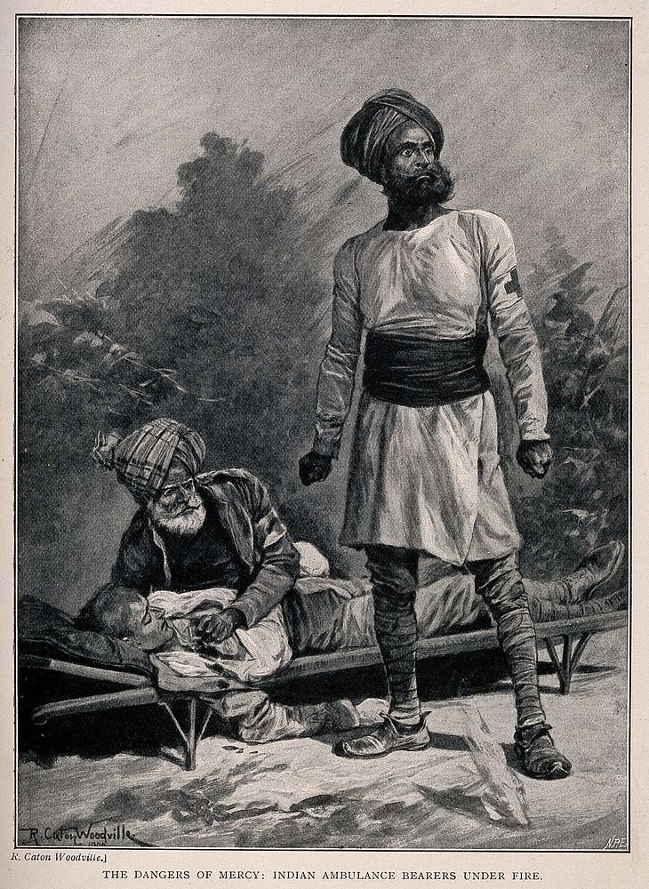 Boer War: Indian ambulance bearers under fire. Process print after R. Caton Woodville.