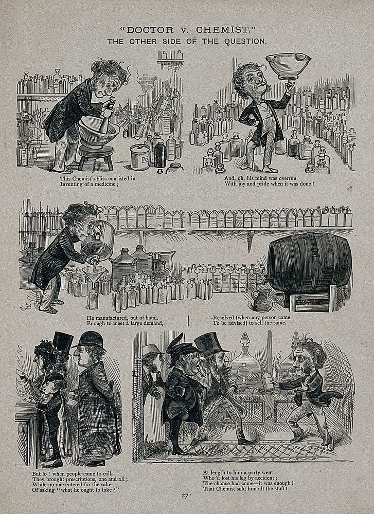 A pharmacist makes some medicine which he is only able to sell to a one-legged man. Line block.
