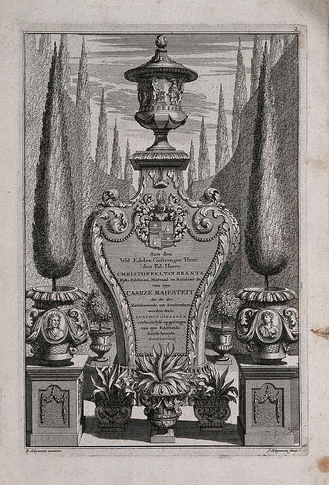 An ornate vase on a large and elaborate pedestal bearing an epitaph to Christoffel van Brants. Etching with engraving by J.…