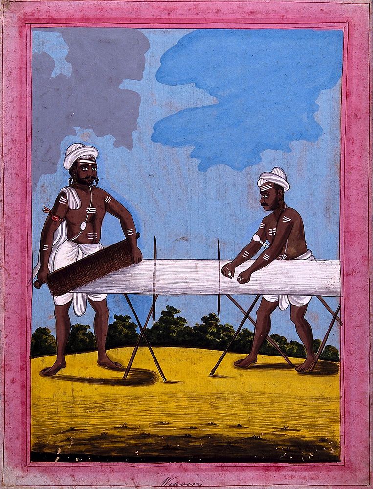 Indian weavers. Gouache drawing.