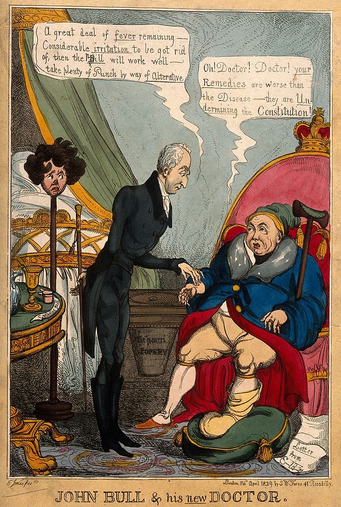 A gouty patient having his pulse taken by a doctor; representing George IV's opposition to Catholic emancipation, and…