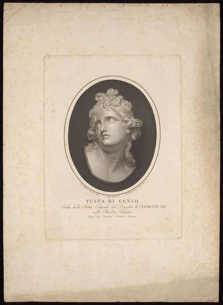 An ideal mourning head for the tomb of Pope Clement XIII. Engraving by P. Fontana after F. Cecchi after A. Canova.