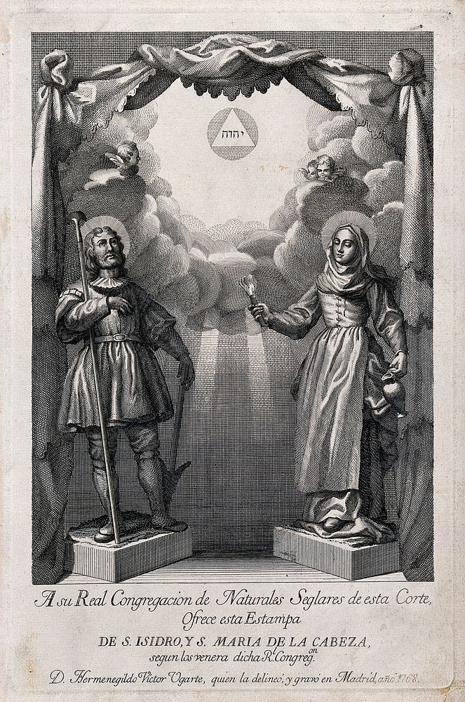 Saint Isidro Labrador and Saint Maria de La Cabeza. Engraving by H.V. Ugarte, 1768.